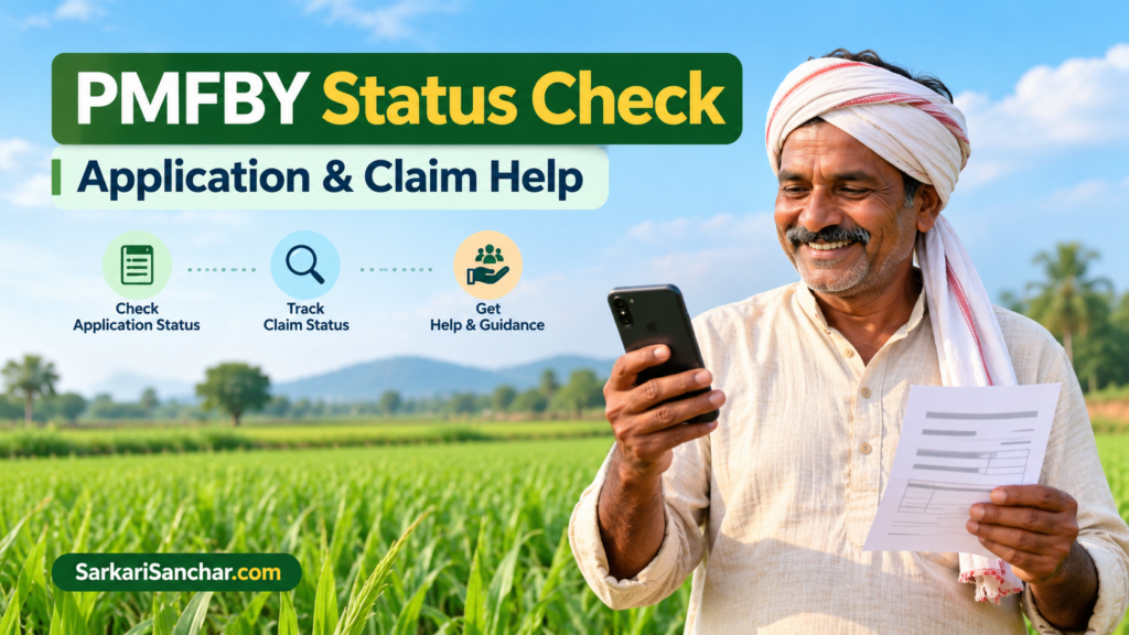 PMFBY status check and claim help illustrated with a farmer holding a phone and receipt.