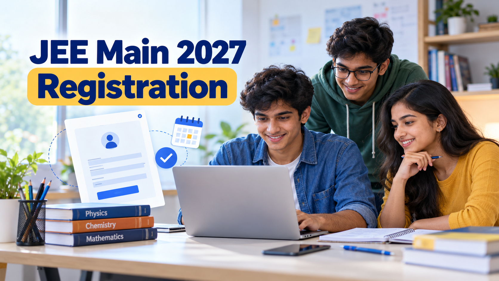 JEE Main 2027 registration guide with students using a laptop.