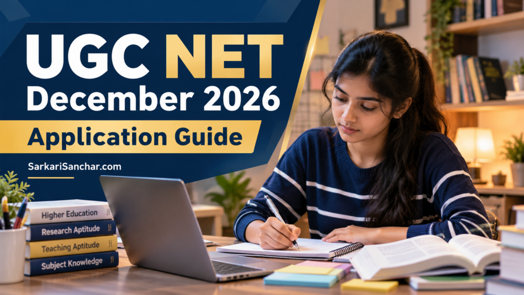 UGC NET December 2026 application guide illustrated with an exam candidate studying.