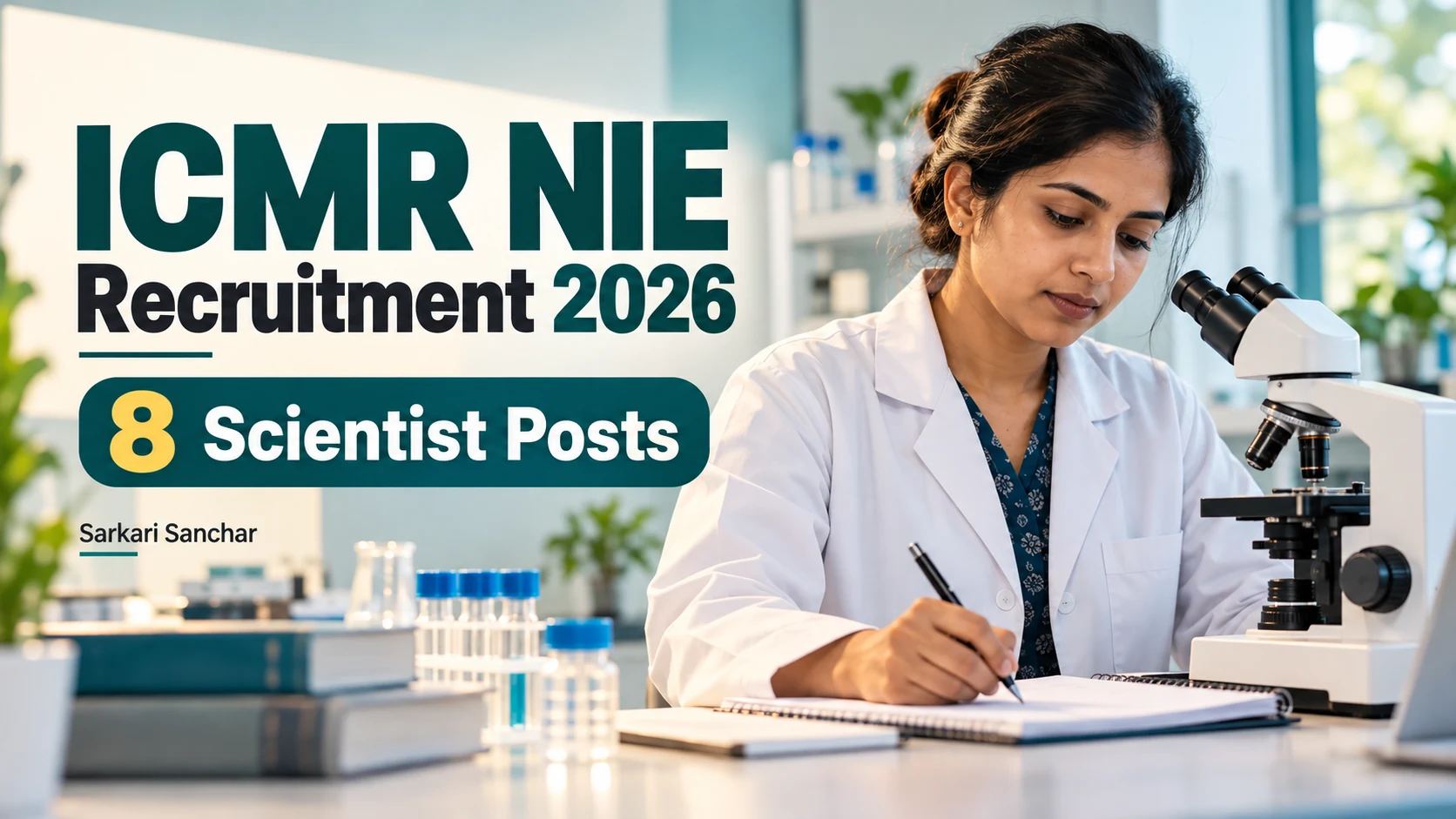 Editorial illustration of a laboratory researcher for eight ICMR NIE scientist vacancies