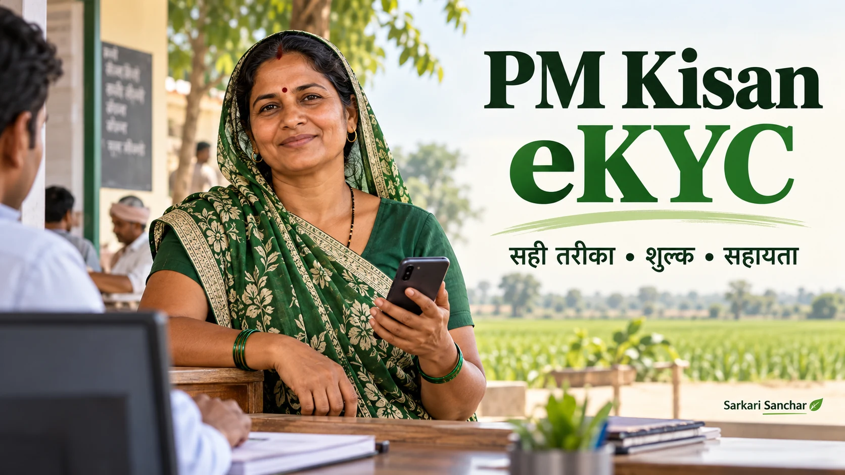 मोबाइल के साथ किसान महिला और PM Kisan eKYC सहायता का चित्र